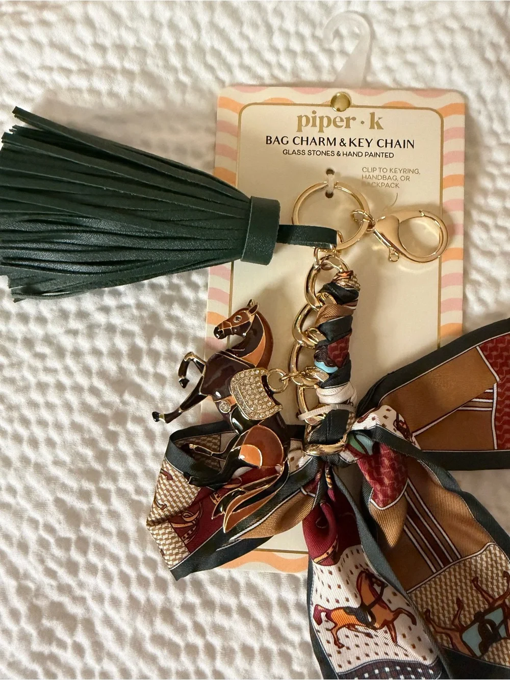 Piper K Horse Bag Charm Equestrian Gold Scarf Bow Crystal Tassel Key Ring